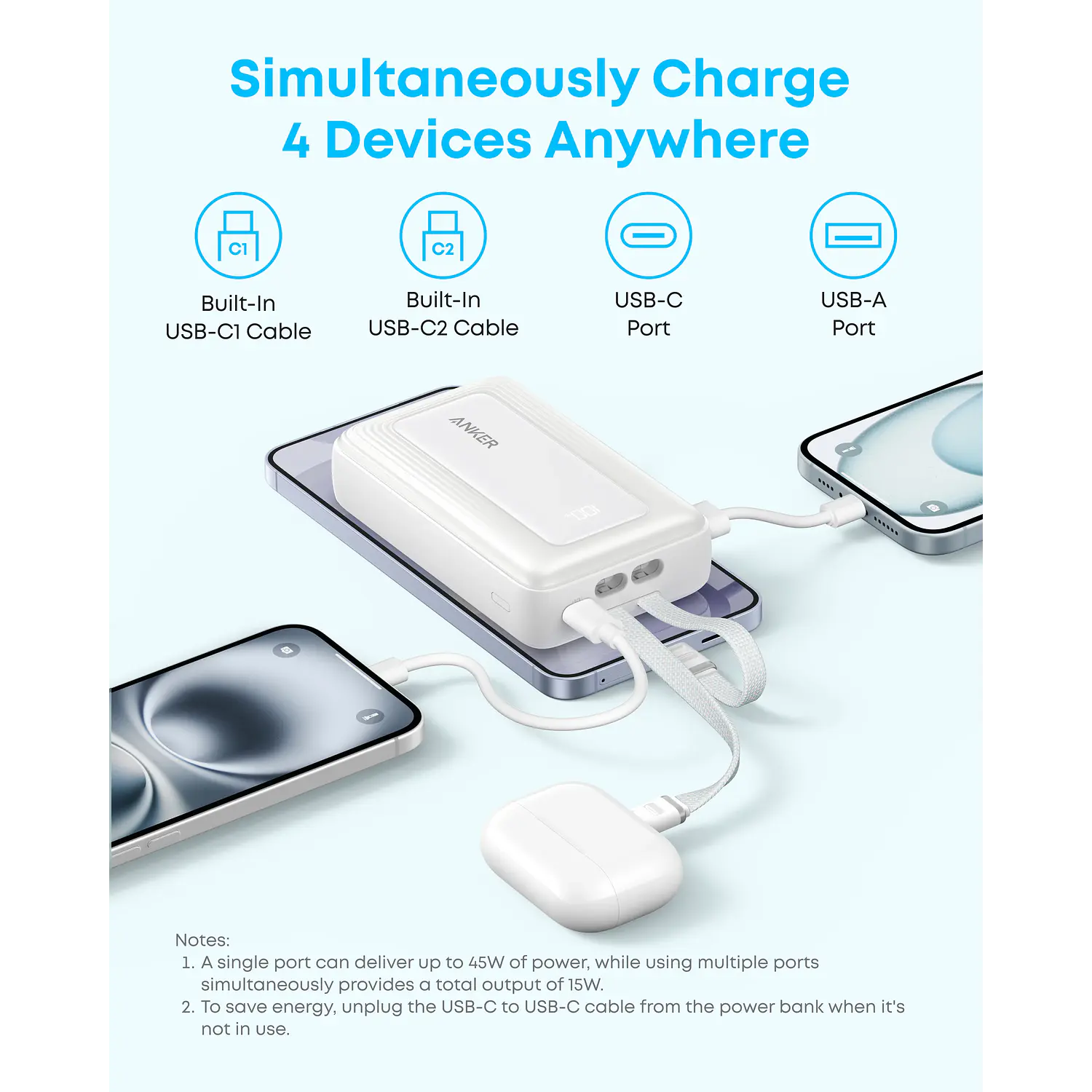 Anker Zolo A110MH12, Power Bank 20000mAh 45W, 2 Cables USB-C Integrados, USB-C + USB-A, Negro 7