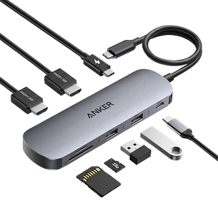 Anker Nano A210BJA1, Hub USB-C 8 en 1, 2 HDMI, 10Gbps, PD 85W, SD/microSD, Plateado