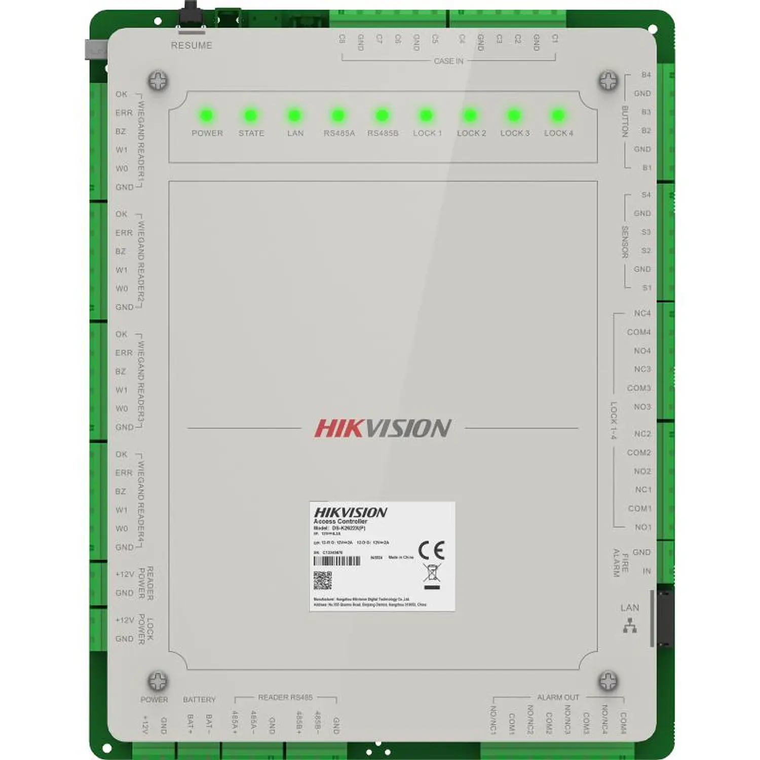 Hikvision Controlador Acceso 4 Puertas, 100K Usuarios, 100K Tarjetas, 10K Huellas, Wiegand, RS-485 2