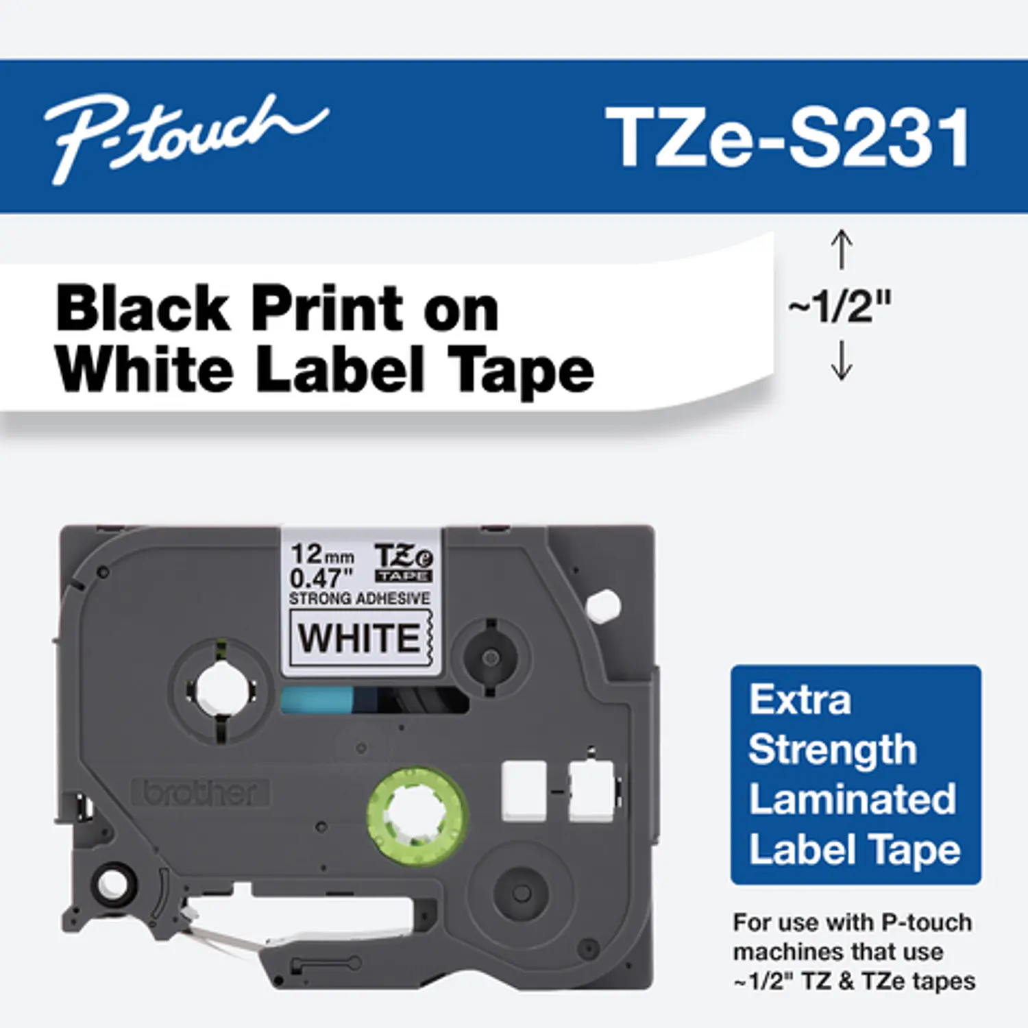 Brother TZe-S231 Cinta Laminada Adhesivo Extra Fuerte, Negro sobre Blanco, 12 mm x 8 m 1