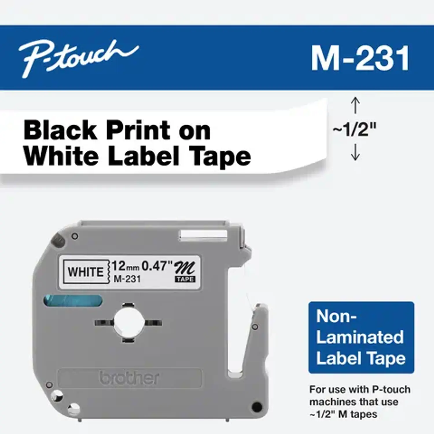 Brother M231 Cinta No Laminada Negro sobre Blanco, 12 mm x 8 m