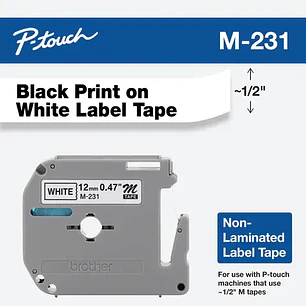 Brother M231 Cinta No Laminada Negro sobre Blanco, 12 mm x 8 m