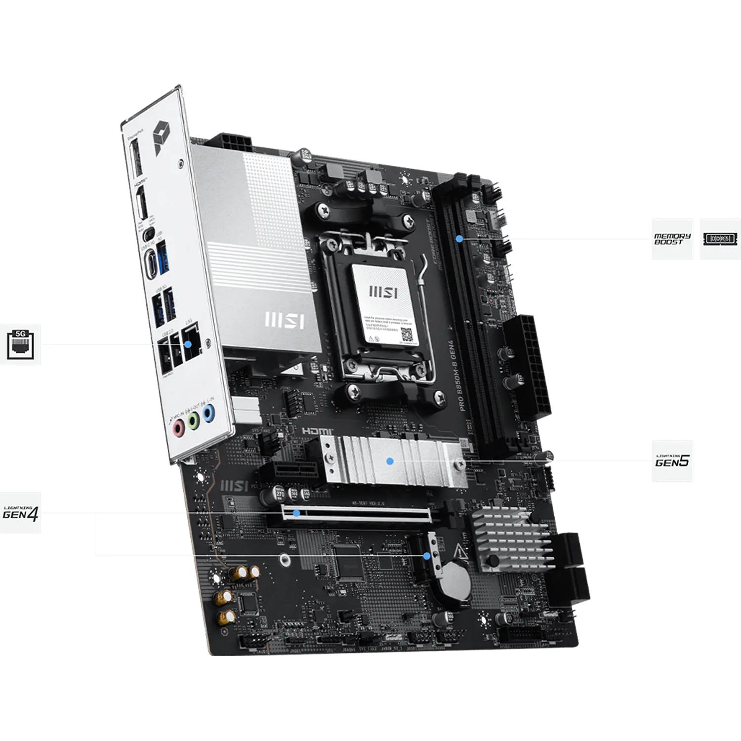 MSI PRO B850M-B GEN4, Placa Madre Micro-ATX AM5, AMD B850, DDR5 128GB, M.2 PCIe 5.0, LAN 2.5G 4