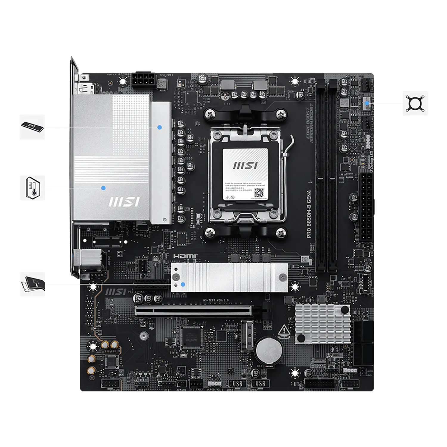 MSI PRO B850M-B GEN4, Placa Madre Micro-ATX AM5, AMD B850, DDR5 128GB, M.2 PCIe 5.0, LAN 2.5G 2