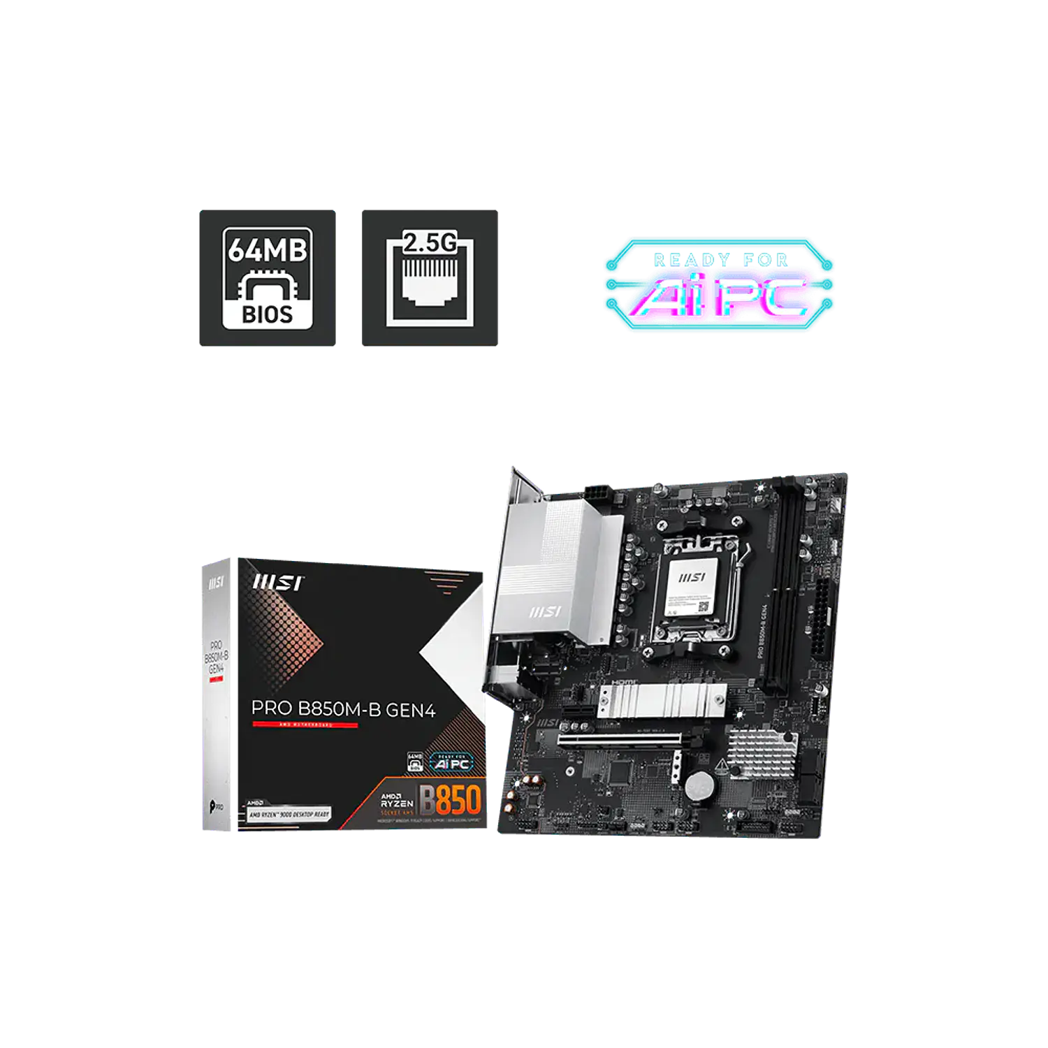 MSI PRO B850M-B GEN4, Placa Madre Micro-ATX AM5, AMD B850, DDR5 128GB, M.2 PCIe 5.0, LAN 2.5G 1