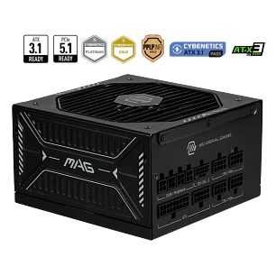 MSI MAG A1000GLS PCIE5, Fuente de Poder 1000W, ATX 3.1, PCIe 5.1, 80 PLUS Gold, Full Modular, 12V-2x6 600W