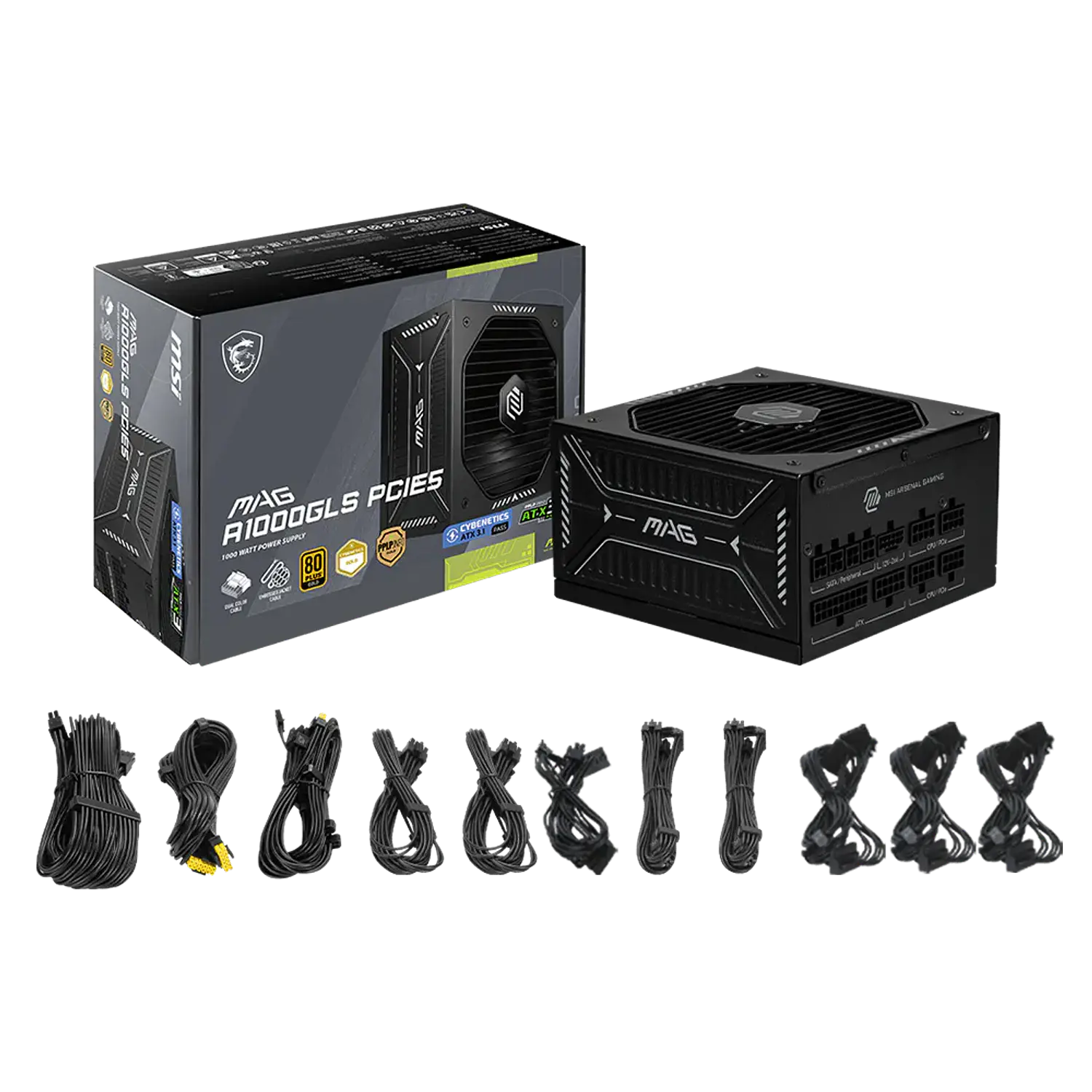 MSI MAG A1000GLS PCIE5, Fuente de Poder 1000W, ATX 3.1, PCIe 5.1, 80 PLUS Gold, Full Modular, 12V-2x6 600W 5