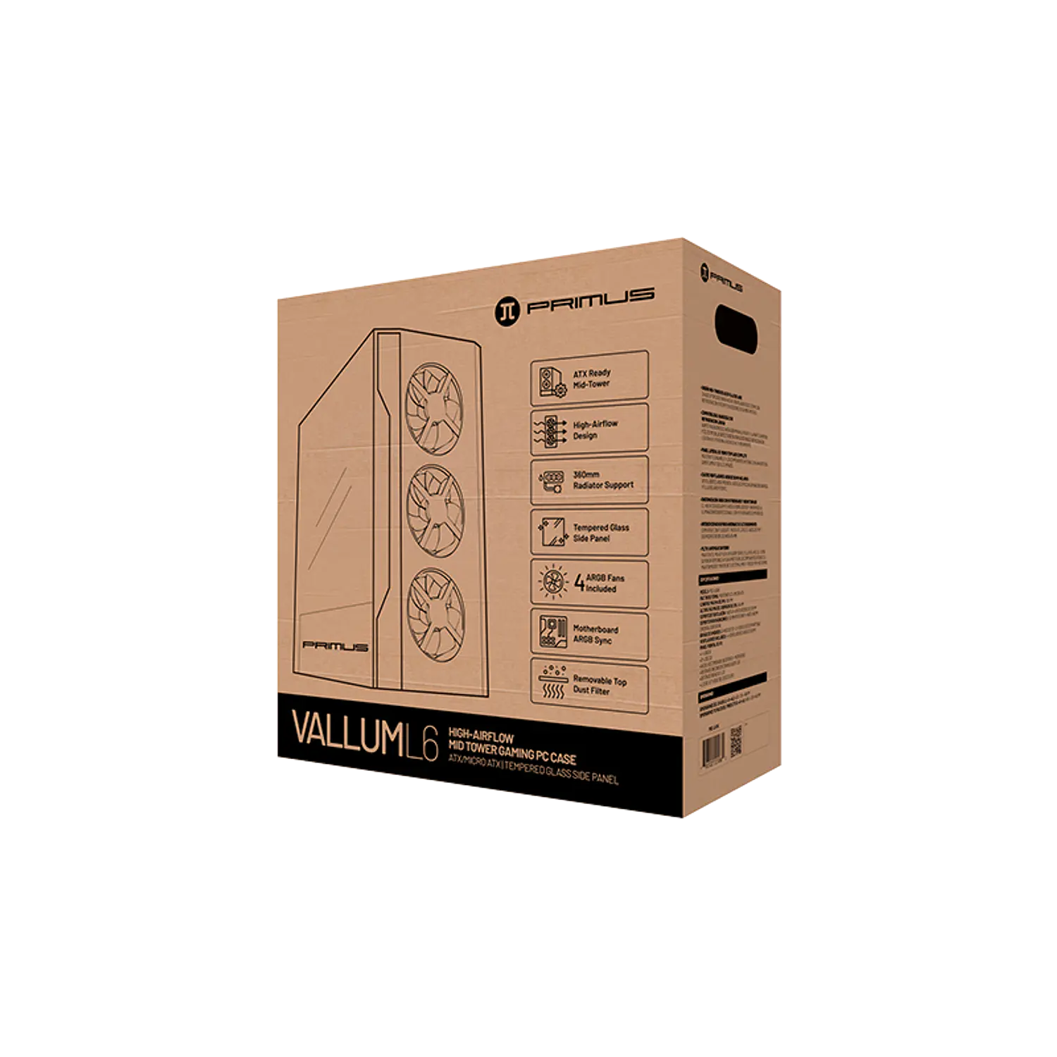 Primus Gaming Vallum L6 PGC-L6 BK, Gabinete Gamer Mid Tower ATX/Micro-ATX, Vidrio Templado, 4 Fans ARGB, Negro 3