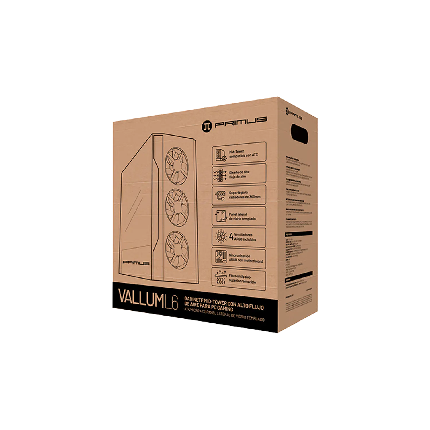 Primus Gaming Vallum L6 PGC-L6 BK, Gabinete Gamer Mid Tower ATX/Micro-ATX, Vidrio Templado, 4 Fans ARGB, Negro 2