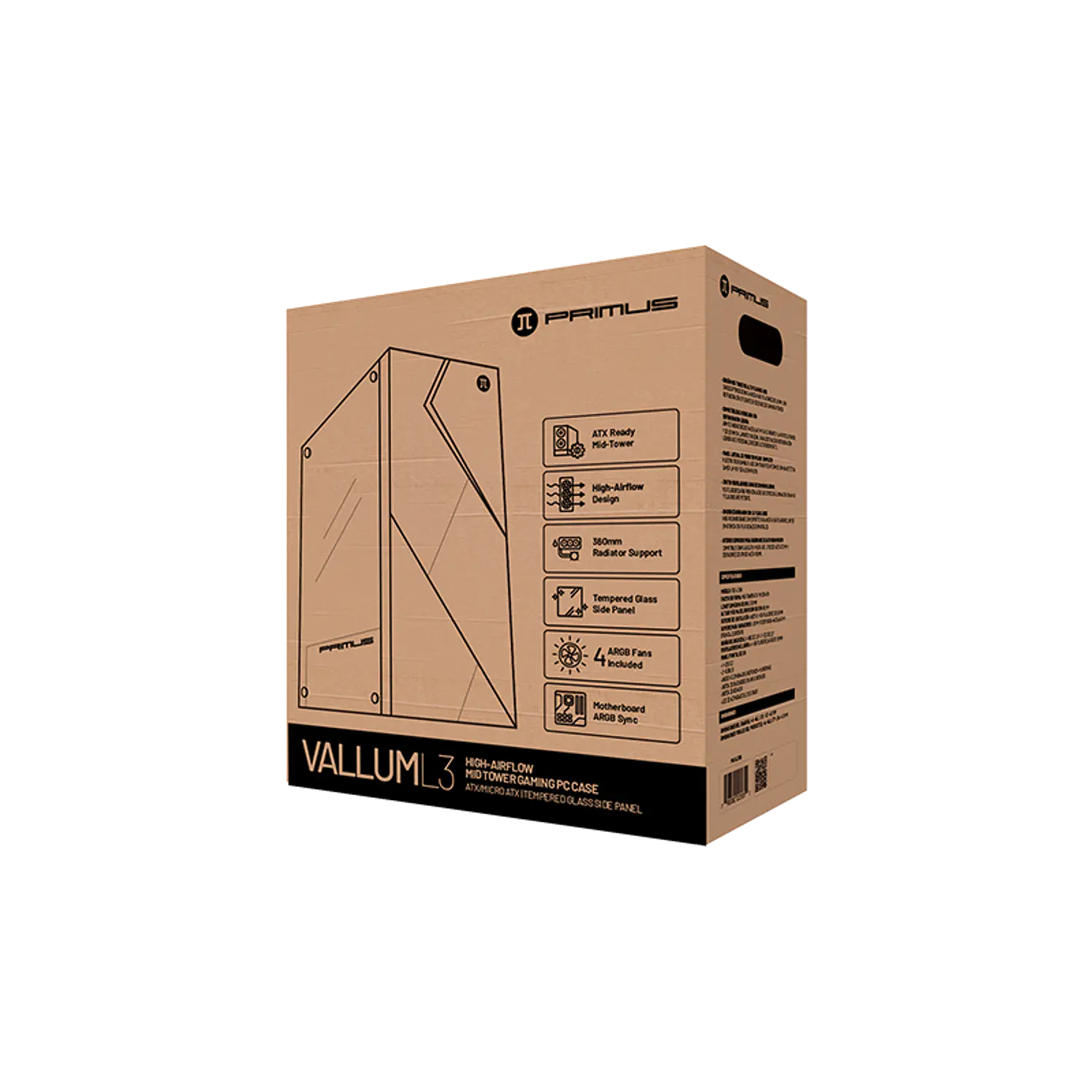 Primus Gaming Vallum L3 PGC-L3 BK, Gabinete Gamer Mid Tower ATX/Micro-ATX, Vidrio Templado, 4 Fans ARGB, Negro 2