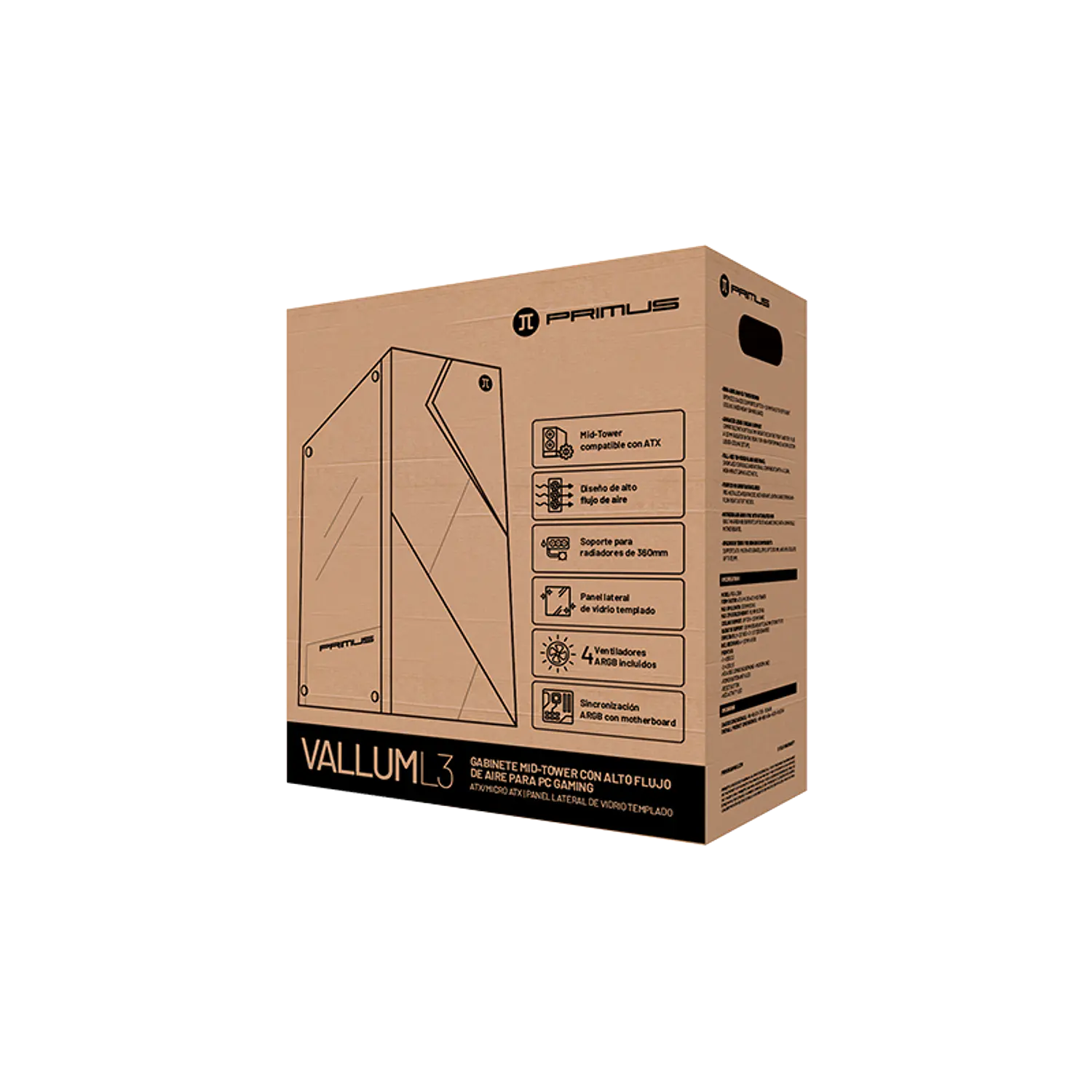 Primus Gaming Vallum L3 PGC-L3 BK, Gabinete Gamer Mid Tower ATX/Micro-ATX, Vidrio Templado, 4 Fans ARGB, Negro 3