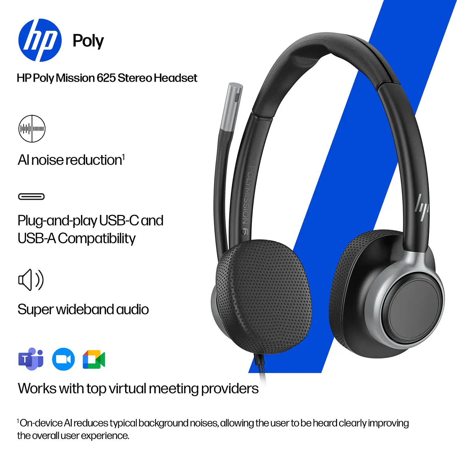 HP Poly Mission 625, Audífonos Cableados Stereo USB-C/A, IA Noise Reduction, Teams, Negro 6