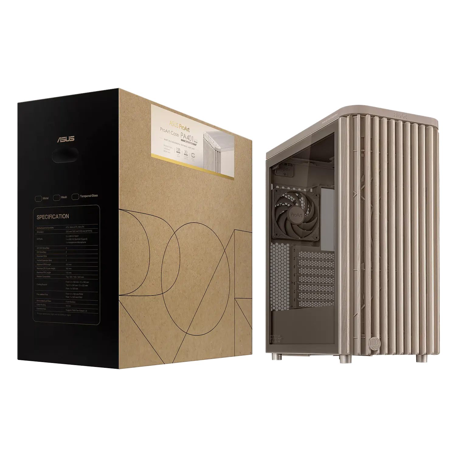 ASUS ProArt PA401 Wood Edition Beige, Gabinete ATX, Vidrio Templado, 3 Fans PWM, USB-C 20Gbps 12