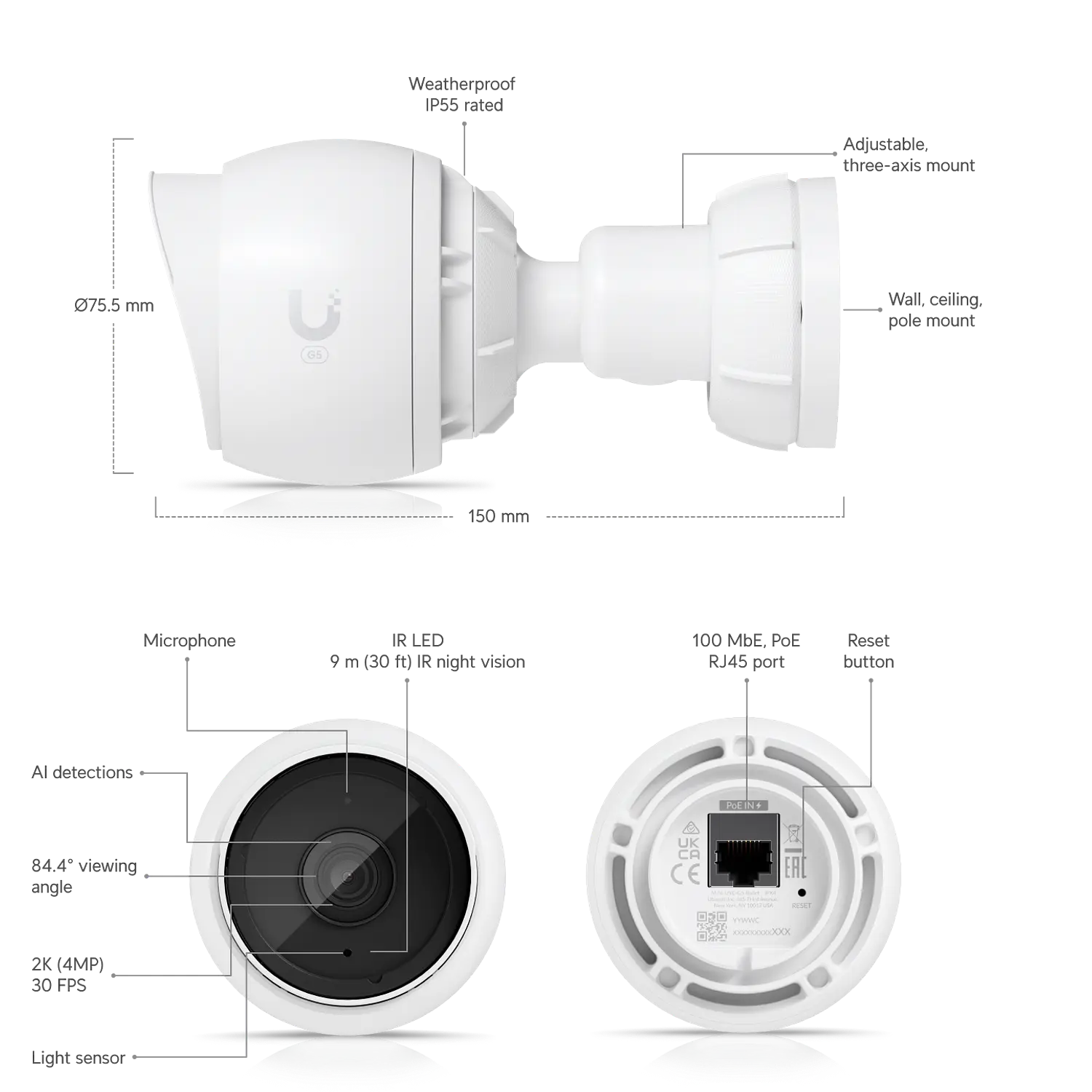Ubiquiti UniFi Protect G5 Bullet UVC-G5-Bullet, Cámara IP 2K 4MP, PoE, IR 9m, IP55, IK04, IA 7