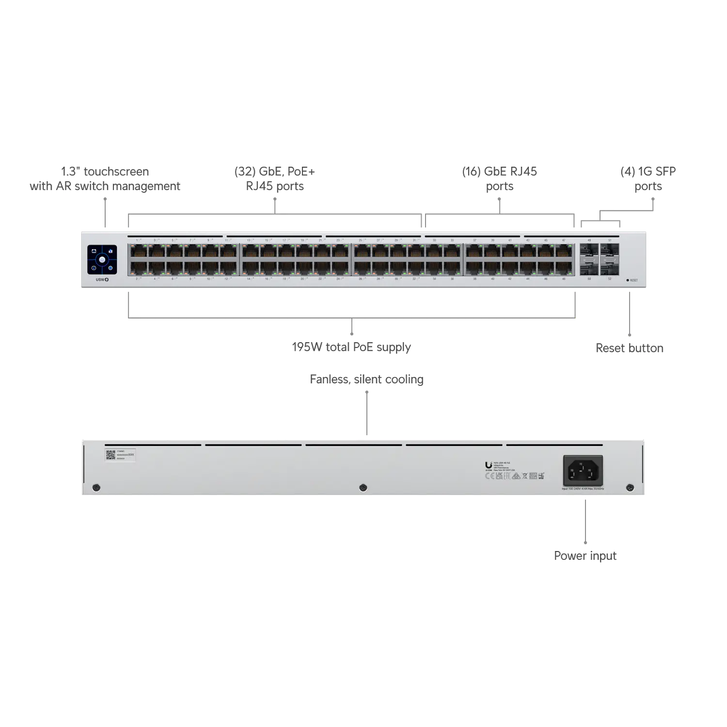 Ubiquiti UniFi Standard 48 PoE USW-48-POE, Switch L2 48 Puertos, 32 PoE+, 4 SFP, 195W, Fanless, Rack 1U 8