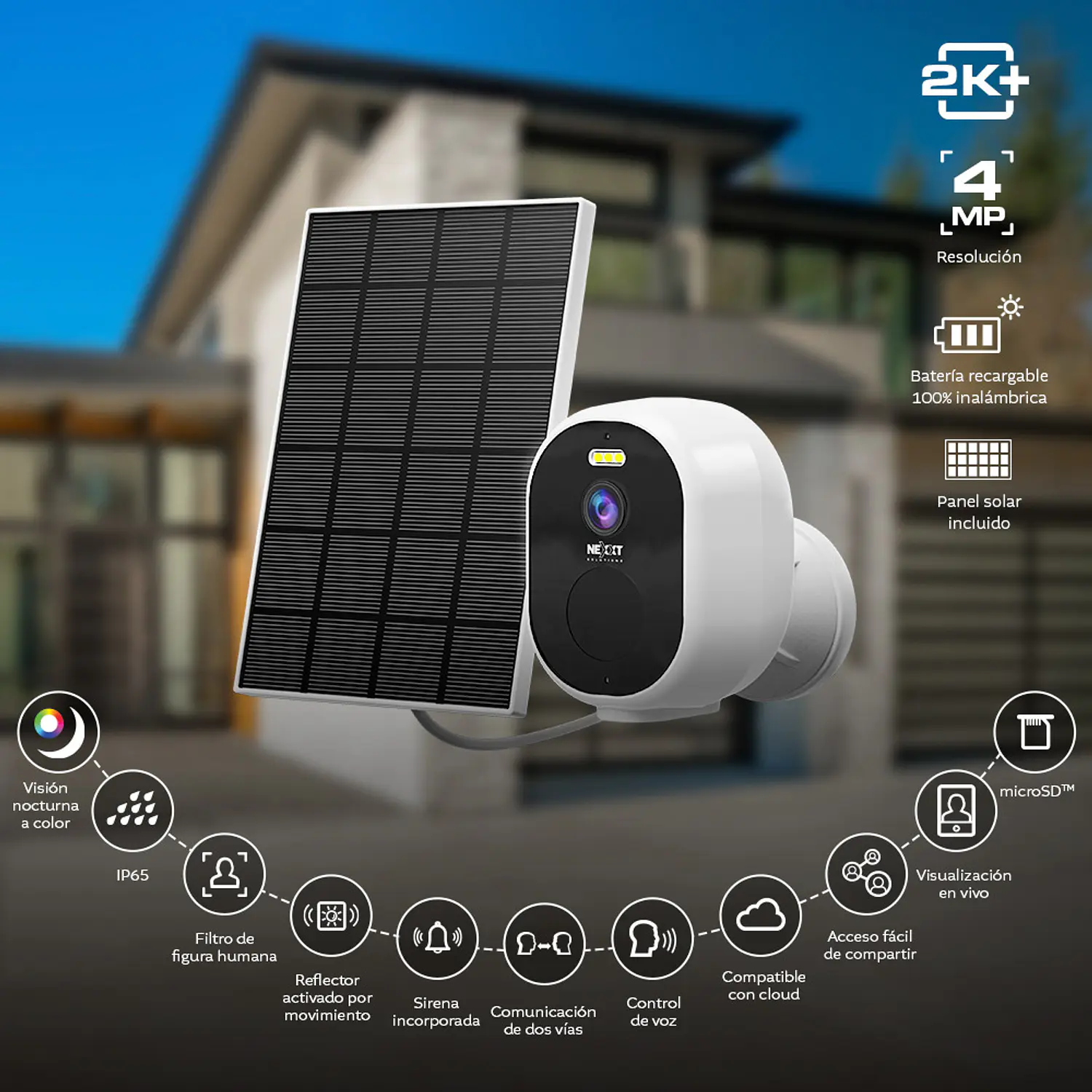 Nexxt Home NHC-OF20S, Cámara Solar Wi-Fi 4MP 2K+, Panel 3W, Batería 5200mAh, IP65, MicroSD 128GB 10