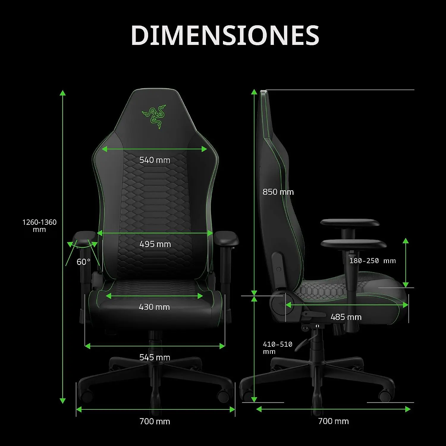 Razer Iskur V2 X NewGen, Silla Gamer Ergonómica, Cuero EPU CoolTouch, Soporte Lumbar, Reclinación 152°, Reposabrazos 2D, Negro/Verde 4