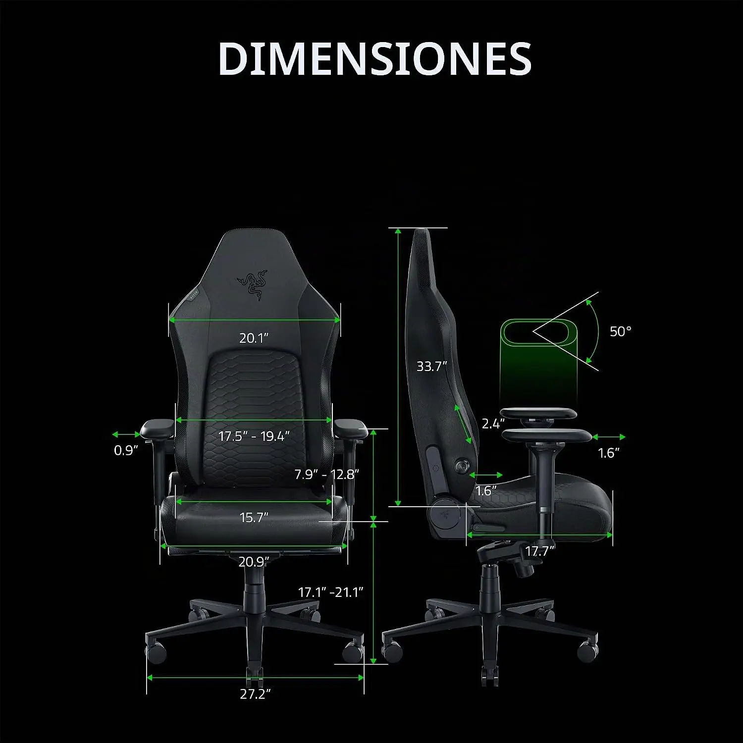 Razer Iskur V2 NewGen Black, Silla Gamer Ergonómica, Soporte Lumbar HyperFlex, Cuero EPU CoolTouch, Reposabrazos 4D, Reclinación 152° 9