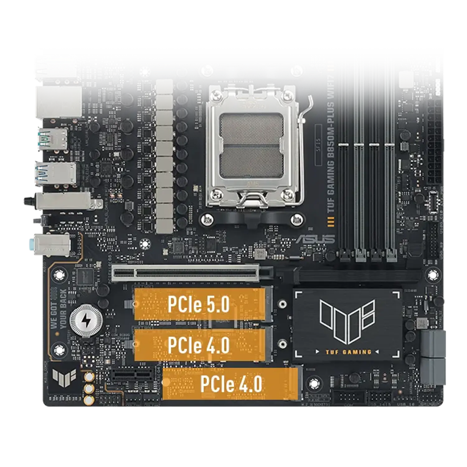 ASUS TUF GAMING B850M-PLUS WIFI7, Placa Madre Micro-ATX, AMD B850, Socket AM5, DDR5 Hasta 256GB, PCIe 5.0, 3 M.2, Wi-Fi 7, Bluetooth, LAN 2.5G, USB-C 20Gbps, Negro 12