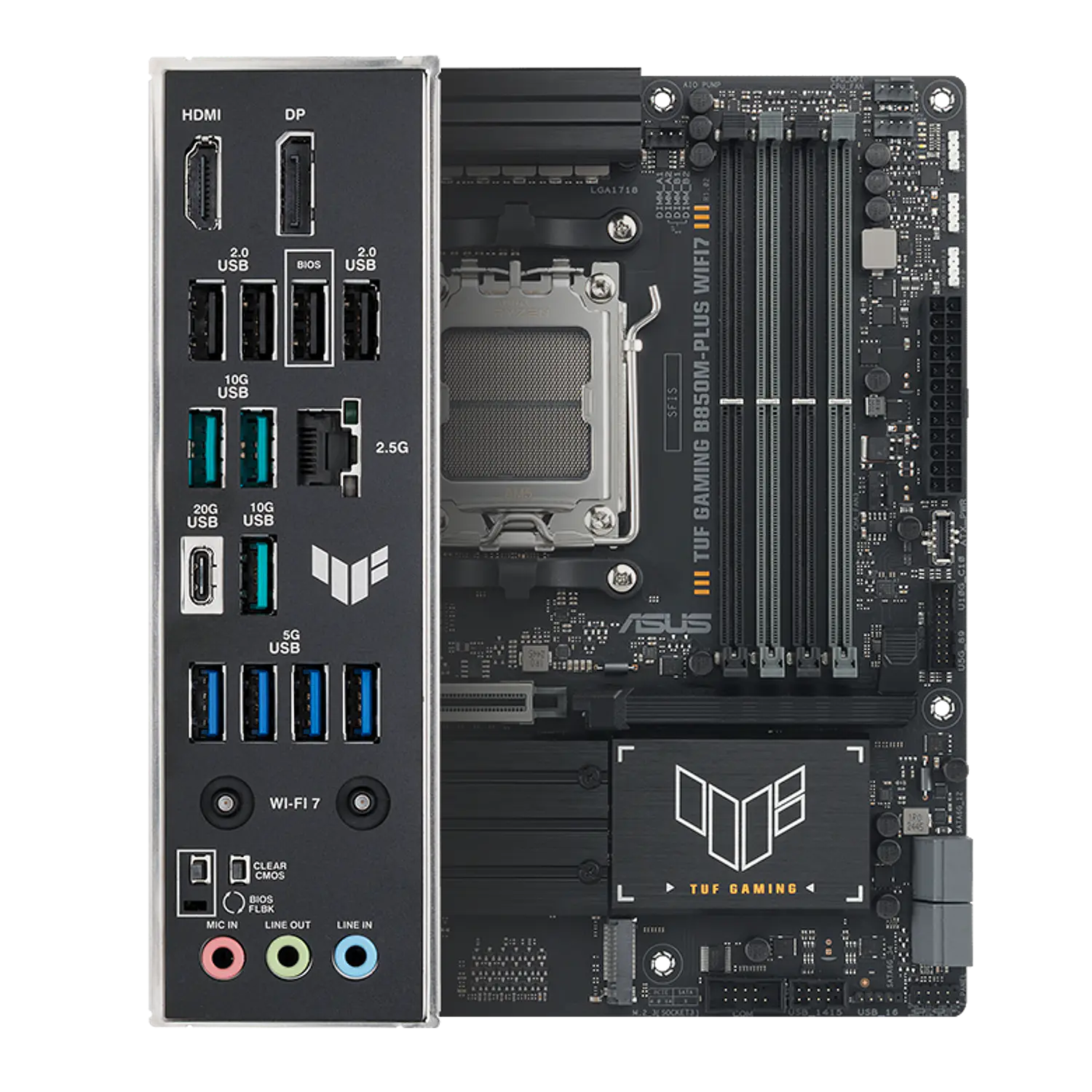 ASUS TUF GAMING B850M-PLUS WIFI7, Placa Madre Micro-ATX, AMD B850, Socket AM5, DDR5 Hasta 256GB, PCIe 5.0, 3 M.2, Wi-Fi 7, Bluetooth, LAN 2.5G, USB-C 20Gbps, Negro 7