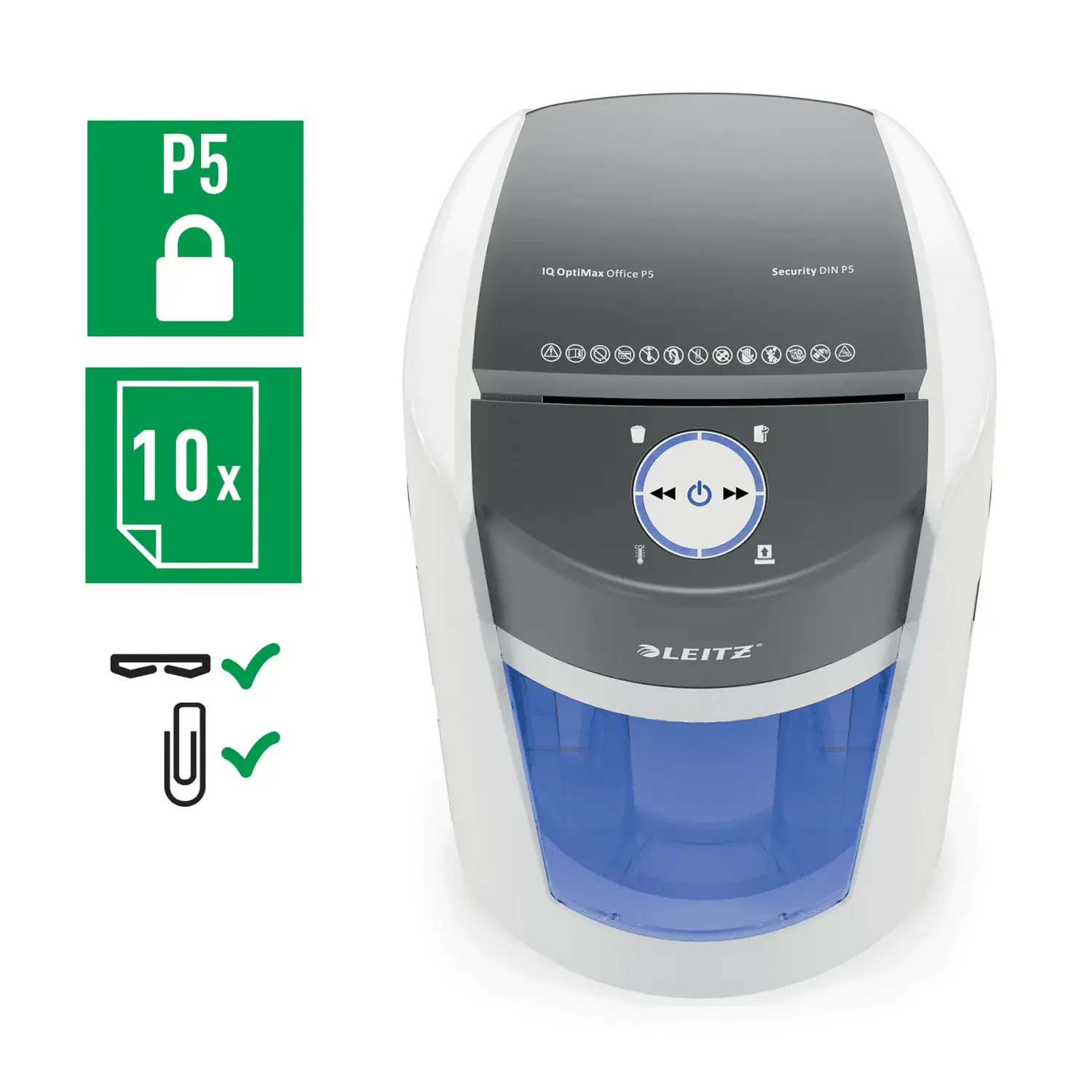Leitz IQ OptiMax Office P5, Destructora de Papel, Microcorte 10 Hojas, 35L, Blanco/Gris 8