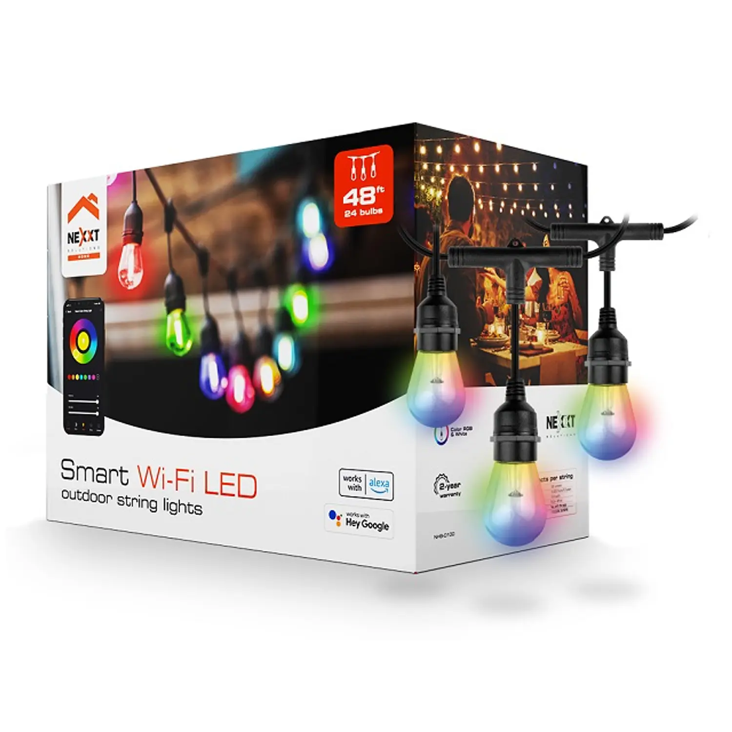 Nexxt Home NHB-O100, Guirnalda LED Inteligente Wi-Fi 14.6m, 24 Luces RGB y Blanco, IP65, Alexa 2