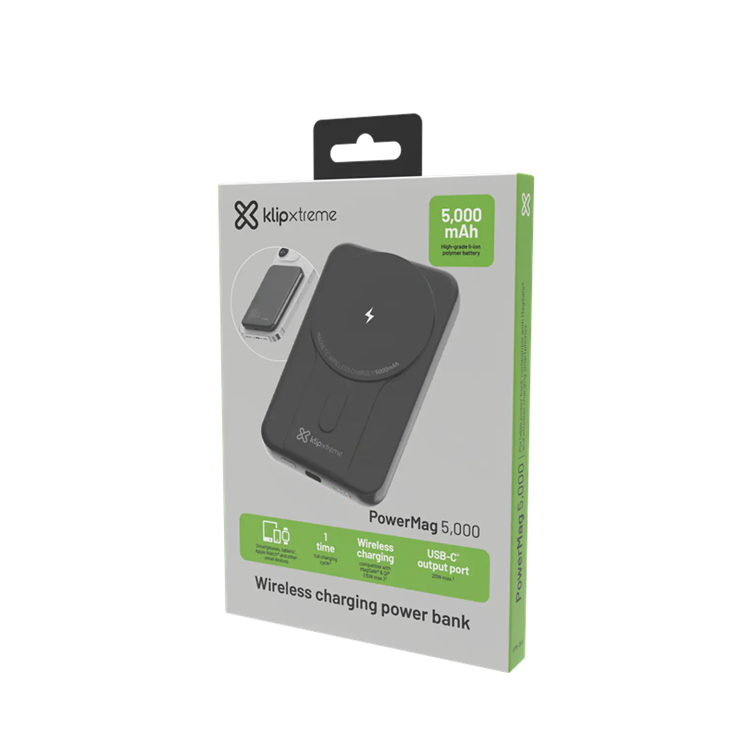 Klip Xtreme PowerMag 5000 KPB-350, Power Bank Magnético 5000mAh, MagSafe, Qi 15W, USB-C PD 20W, Negro 5