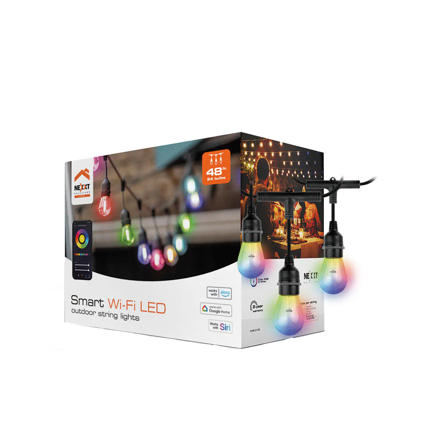 Nexxt Home NHB-O100, Guirnalda LED Inteligente Wi-Fi 14.6m, 24 Luces RGB y Blanco, IP65, Alexa 3