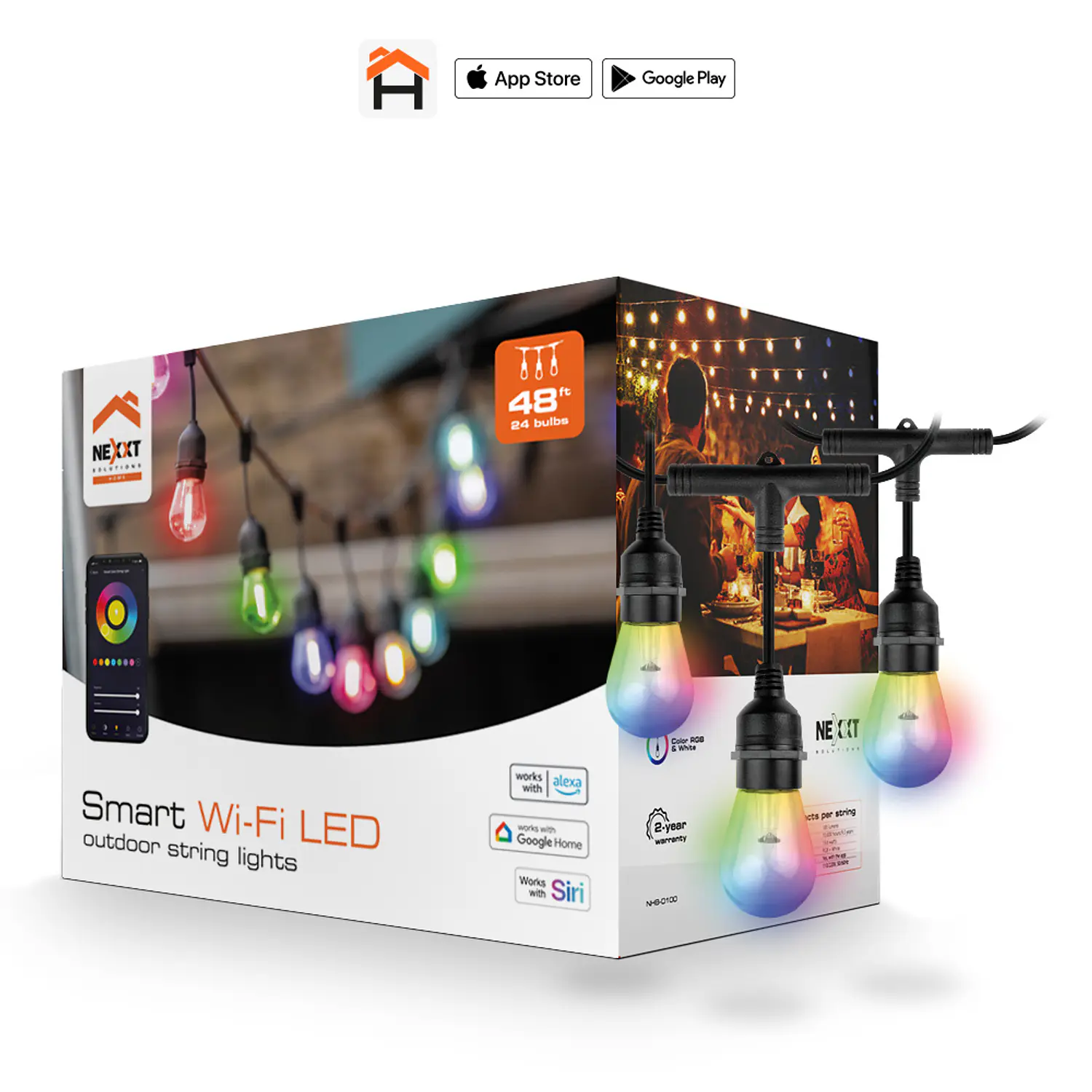Nexxt Home Guirnalda LED Inteligente Wi-Fi 14,6 m, 24 Luces RGB y Blanco, IP65, Alexa y Google Assistant 1