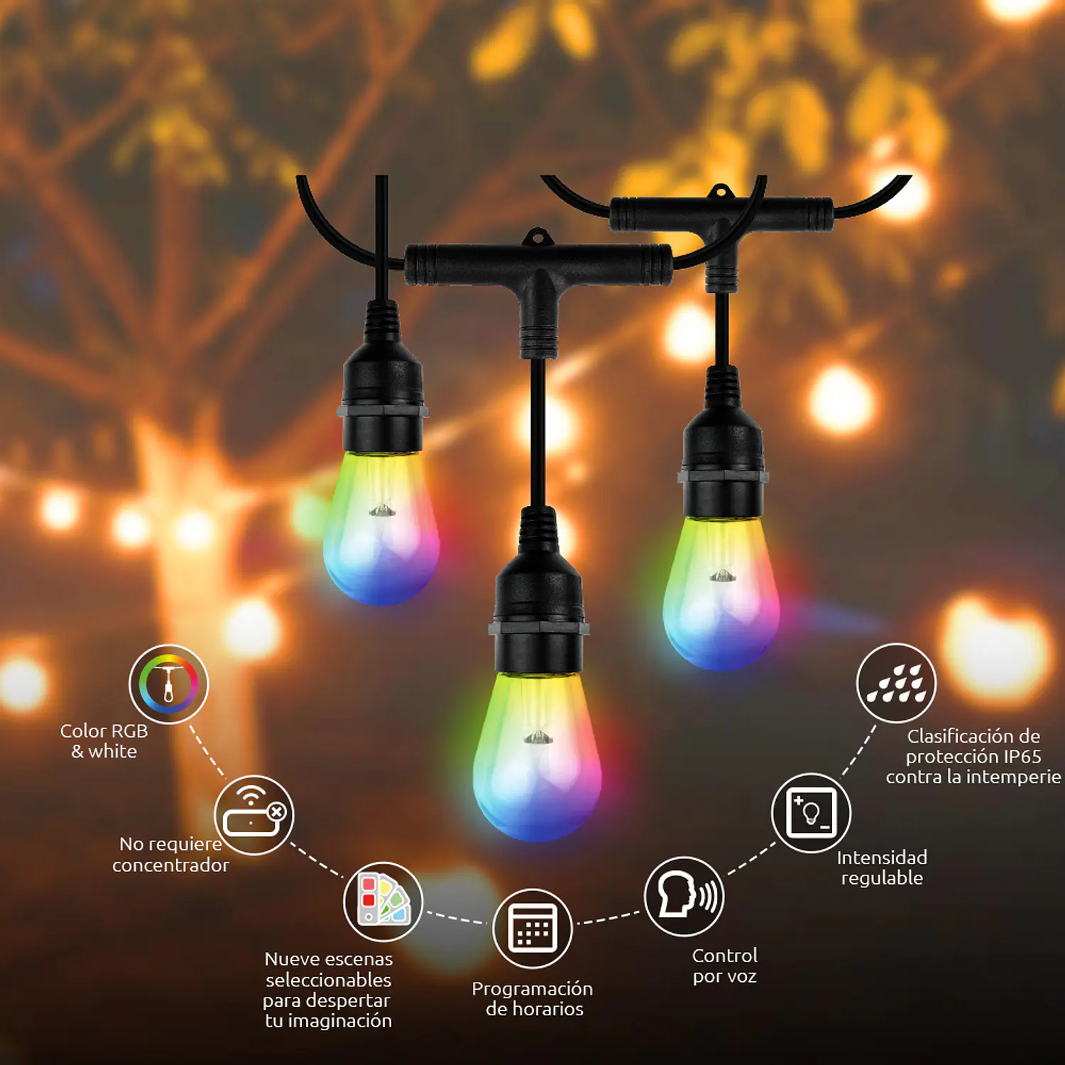 Nexxt Home Guirnalda LED Inteligente Wi-Fi 14,6 m, 24 Luces RGB y Blanco, IP65, Alexa y Google Assistant 4