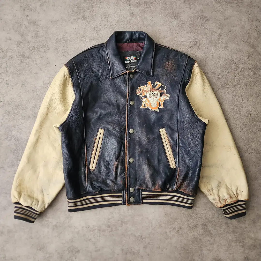 Vintage Looney Tunes Taz Aviator Leather Jacket L 1