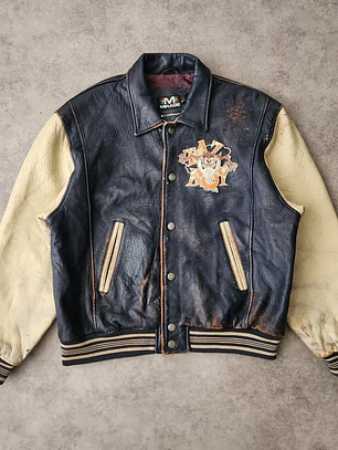 Vintage Looney Tunes Taz Aviator Leather Jacket L