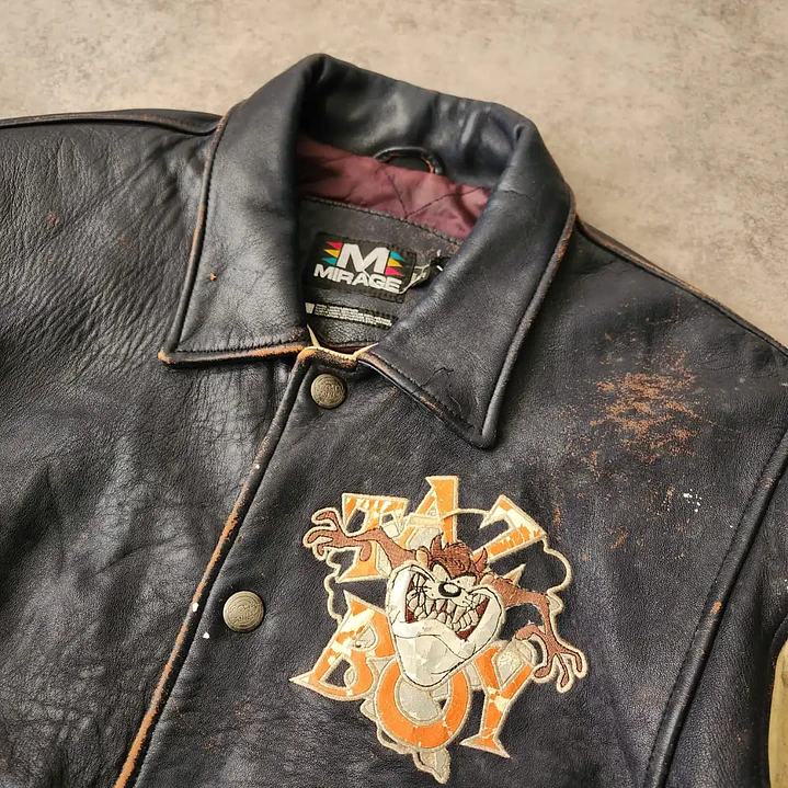 Vintage Looney Tunes Taz Aviator Leather Jacket L 2
