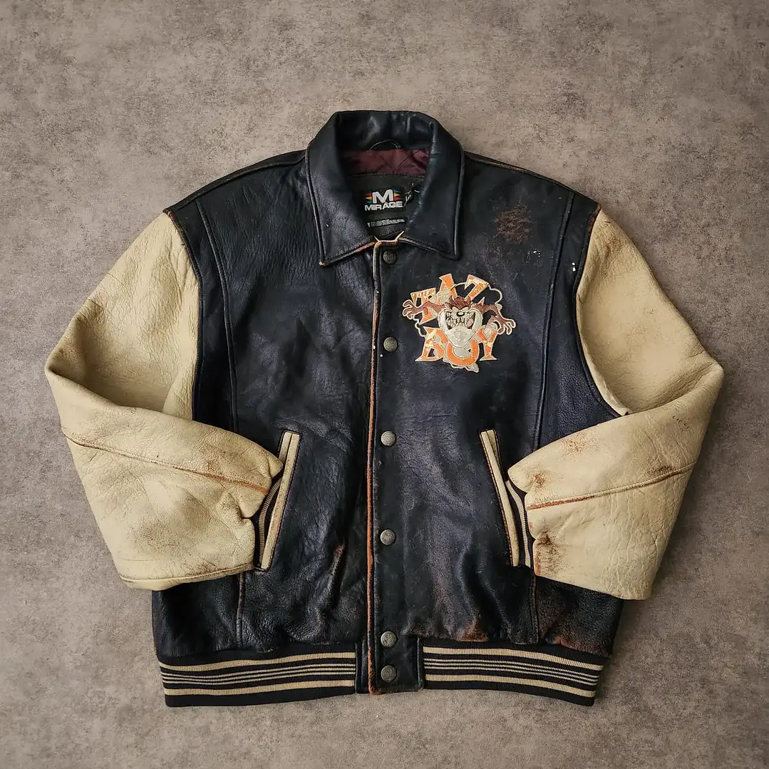 Vintage Looney Tunes Taz Aviator Leather Jacket L 4