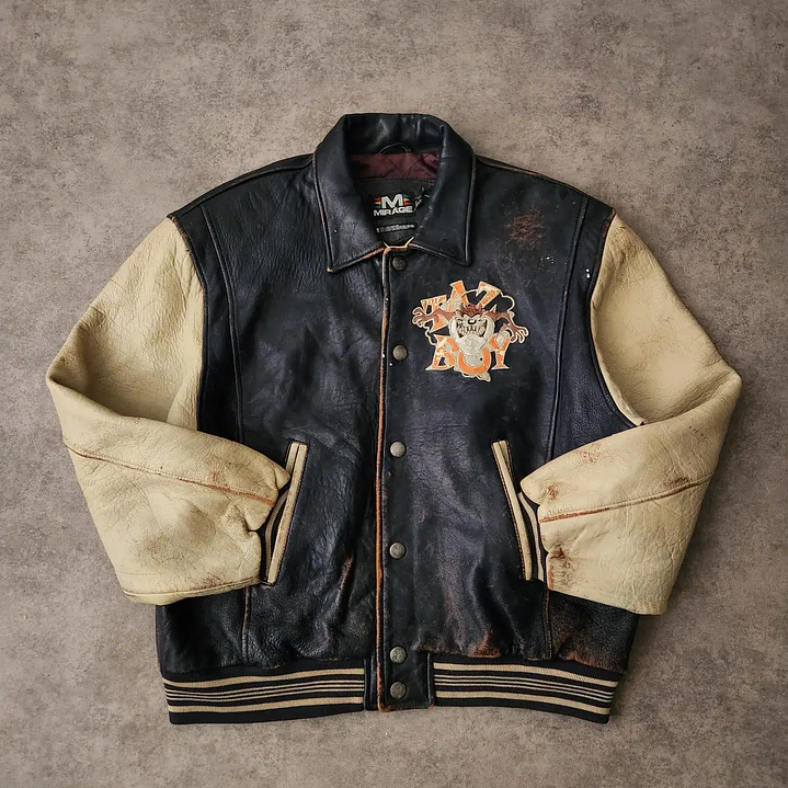 Vintage Looney Tunes Taz Aviator Leather Jacket L 4