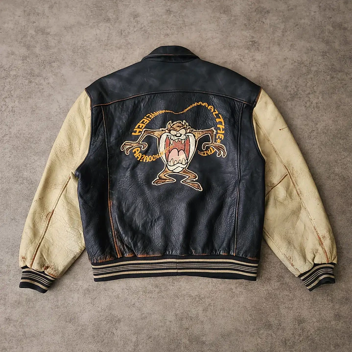 Vintage Looney Tunes Taz Aviator Leather Jacket L 7