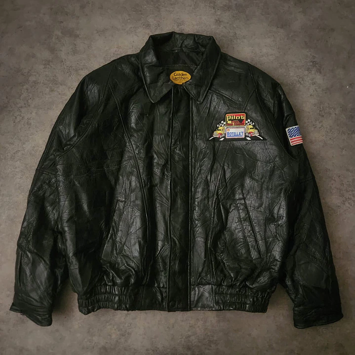 Golden Leather Bomber Jacket XL 1