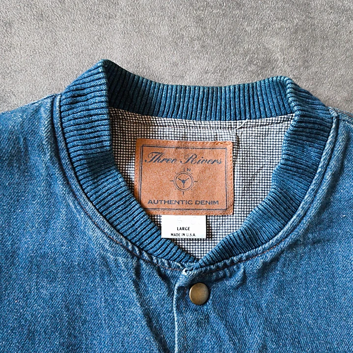 Vintage Three Rivers Varsity Denim Jacket L 5