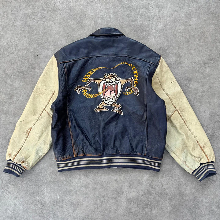 Vintage Looney Tunes Taz Aviator Leather Jacket L 9
