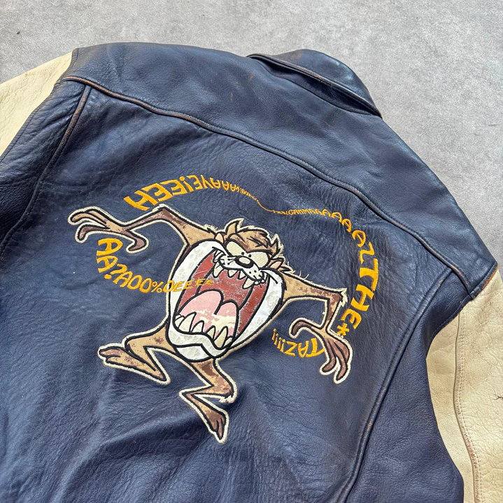 Vintage Looney Tunes Taz Aviator Leather Jacket L 13