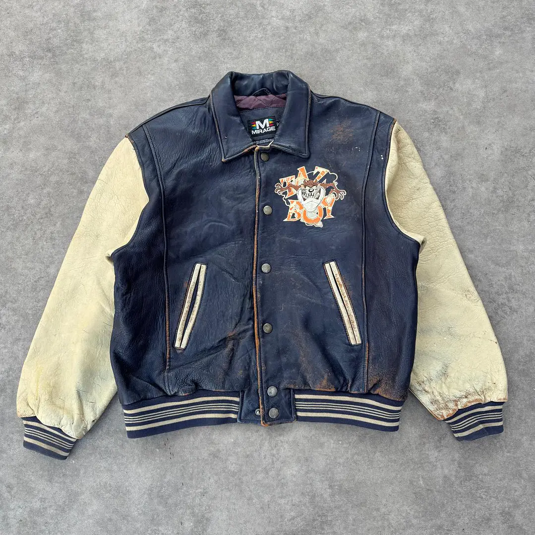 Vintage Looney Tunes Taz Aviator Leather Jacket L 1