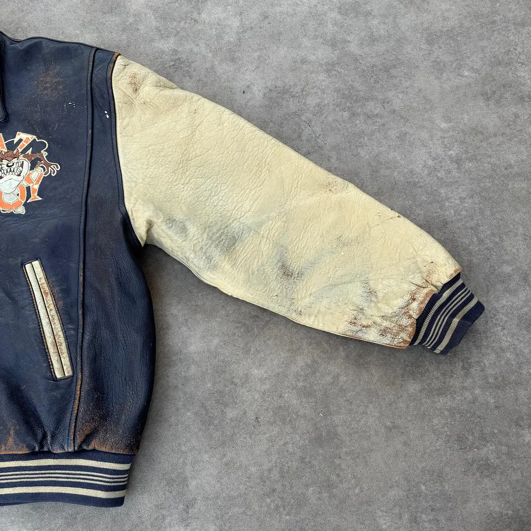 Vintage Looney Tunes Taz Aviator Leather Jacket L 5