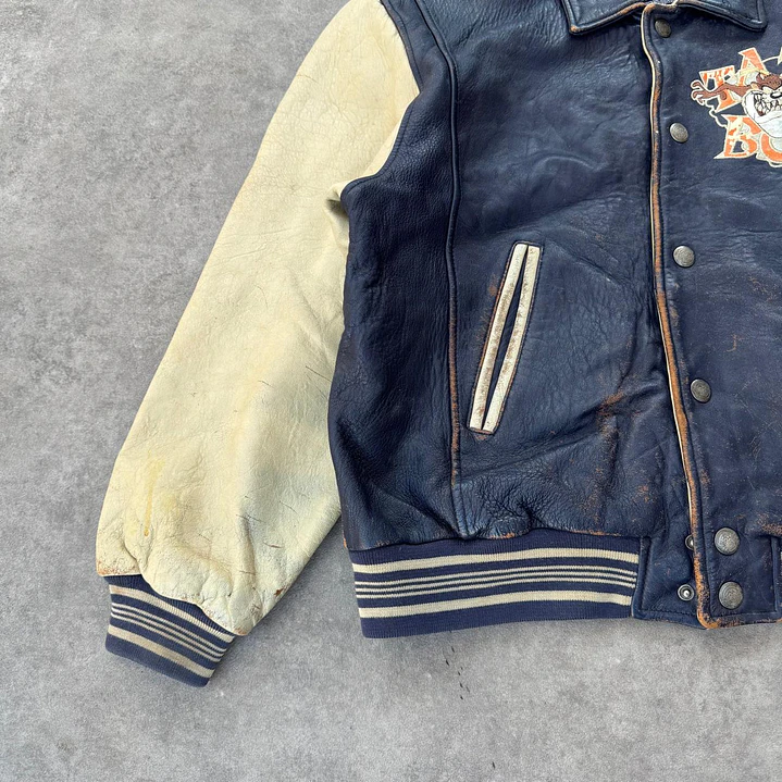 Vintage Looney Tunes Taz Aviator Leather Jacket L 3