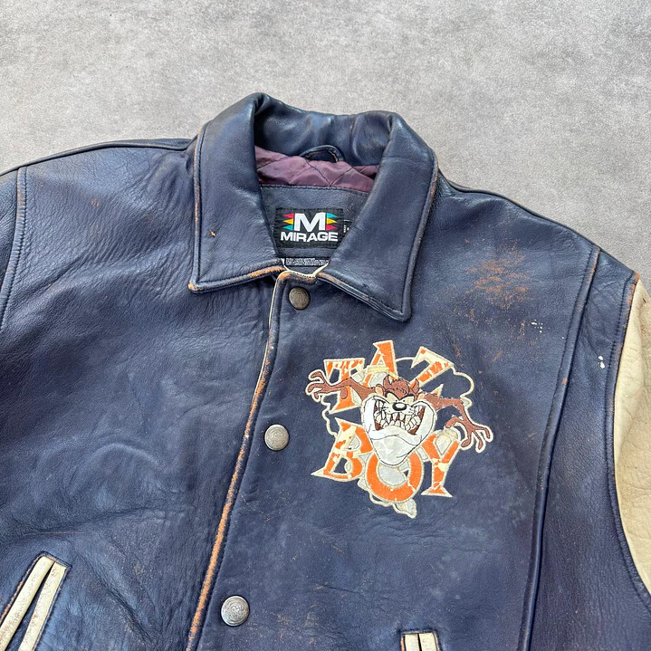 Vintage Looney Tunes Taz Aviator Leather Jacket L 2