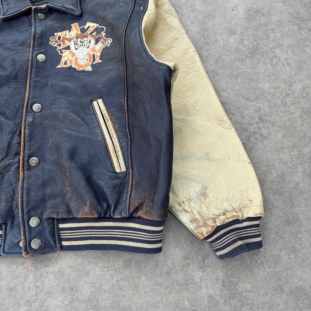 Vintage Looney Tunes Taz Aviator Leather Jacket L 4