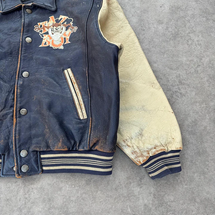 Vintage Looney Tunes Taz Aviator Leather Jacket L 4