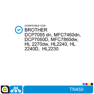 Toner TN450 Compatible con:  Brother DCP7065 dn, 7060D, HL 2270dw, L2240D, L2230