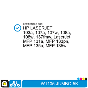 Toner W1105-JUMBO-5K Compatible con:  HP Laserjet 107a ,107w, MFP 135a, 135w, 137fnw