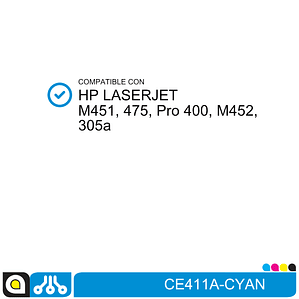 Toner CE411A Compatible con:  HP Laserjet M451, 475, Pro 400, M452, 305a
