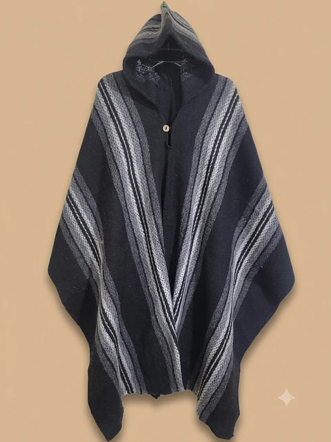 PONCHO DE LANA OSCURO  (FRANJAS BLANCO)